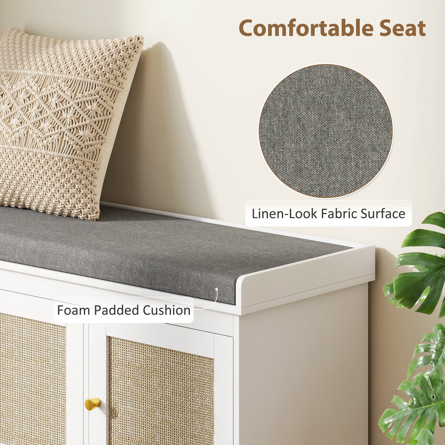 HOMCOM Shoe Storage Bench with Woven Rattan Doors, Seat - White