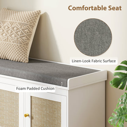 HOMCOM Shoe Storage Bench with Woven Rattan Doors, Seat - White