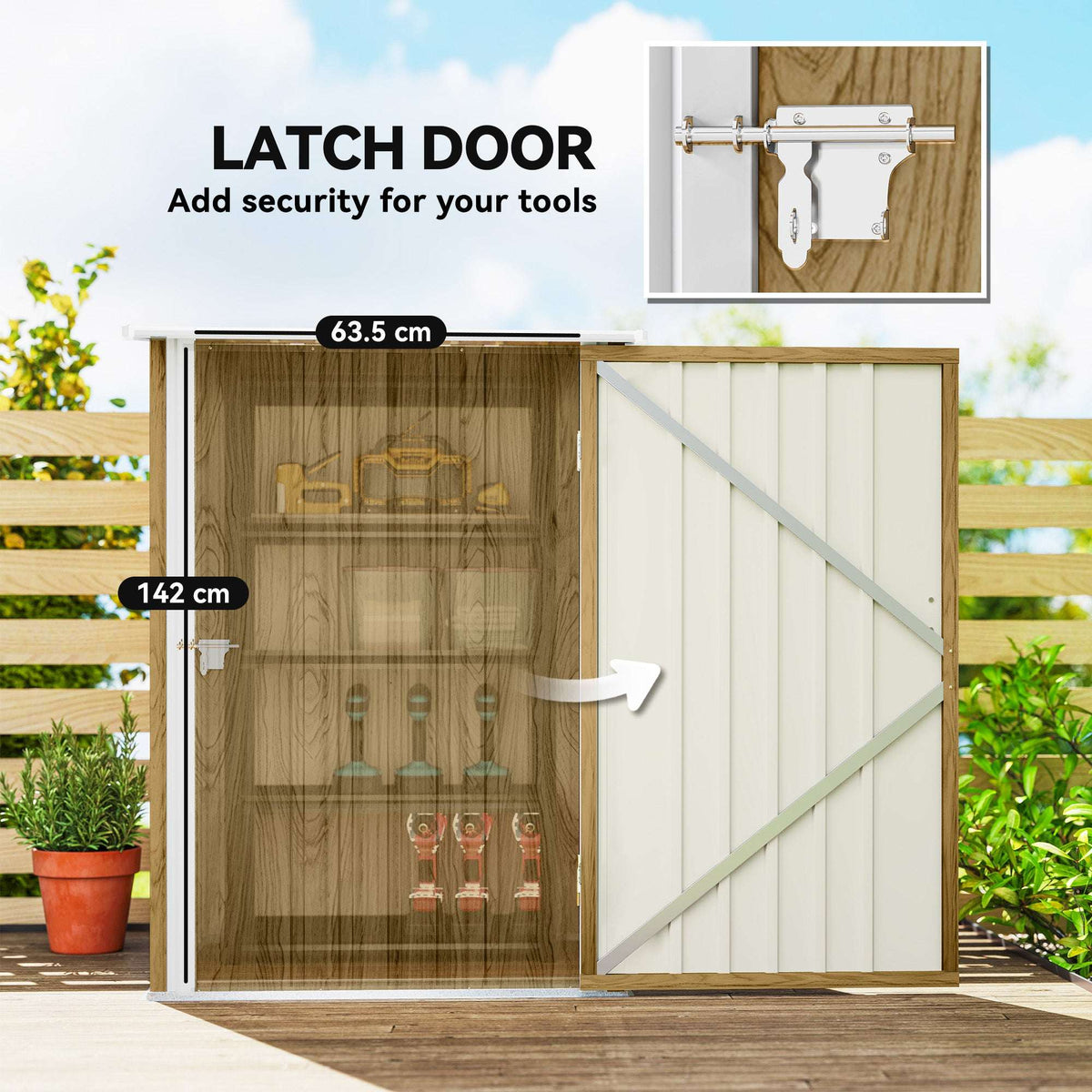 Outsunny 3.3 x 3.4ft Lean To Steel Garden Shed with Locking Door - Light Brown Wood Effect/White