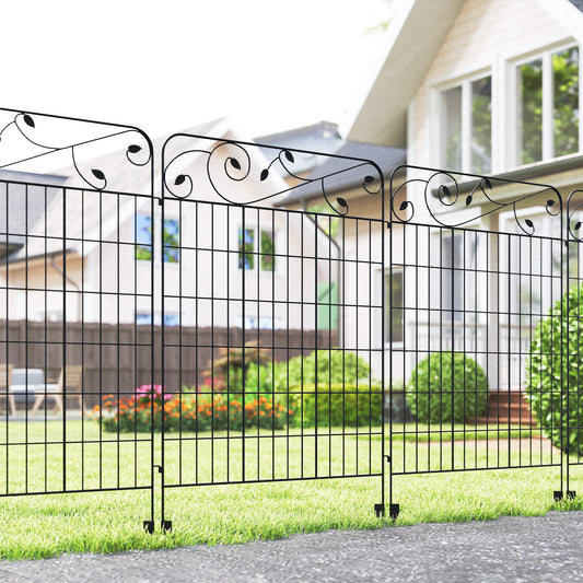 Outsunny Decorative Garden Fencing, 4PCs Outdoor Picket Fence Panels, 43in x 11.5ft Rustproof Metal Wire Landscape Flower Bed Border Edging Animal Barrier, Black