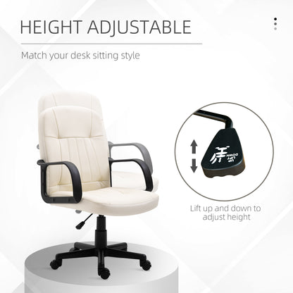 HOMCOM Desk Chair, PU Leather Computer Office Chair with Adjustable Height, Swivel Wheels for Home Work Study, Cream White