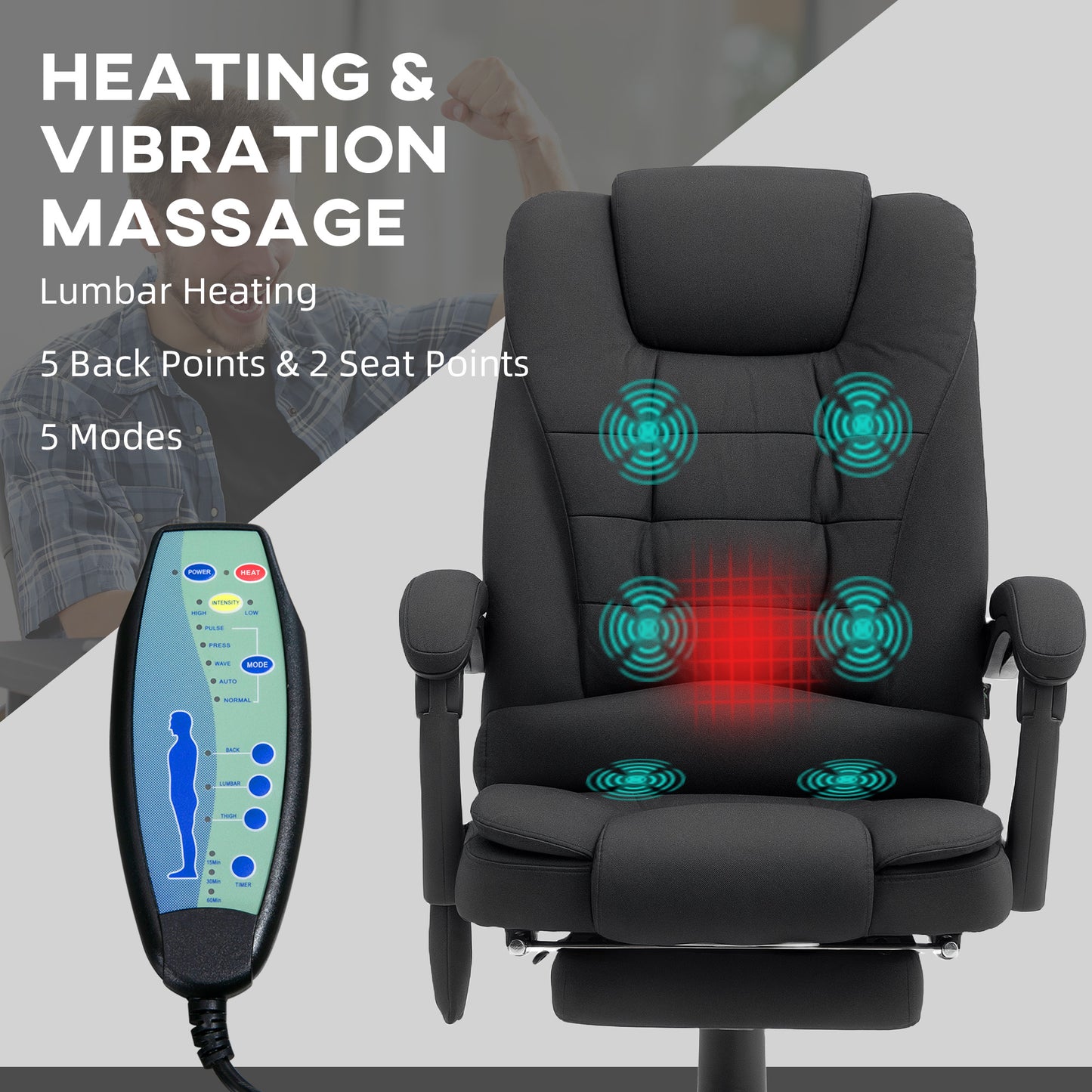 Vinsetto Office Chair with 6 Point Massage and Back Heat, Microfibre Desk Chair with Footrest Adjustable Height and Swivel Wheels, Back Reclining, Full Black