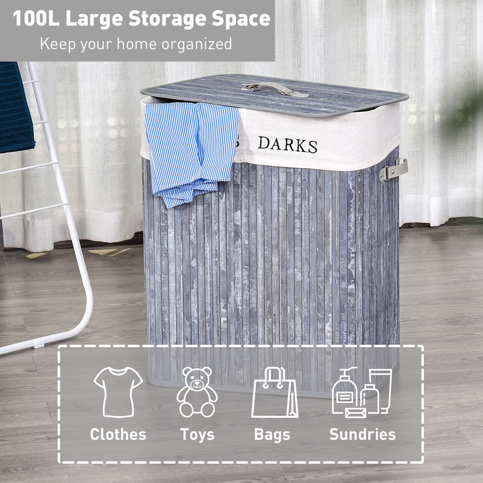 HOMCOM 100L Collapsible Natural Wood  Laundry Hamper Organizer Clothes Washing Basket Bin Storage Box w/Lid Removable Lining 52x32x63cm, Grey--ChewyGames-ChewyGames
