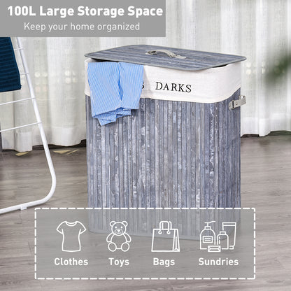 HOMCOM 100L Collapsible Natural Wood  Laundry Hamper Organizer Clothes Washing Basket Bin Storage Box w/Lid Removable Lining 52x32x63cm, Grey--ChewyGames-ChewyGames