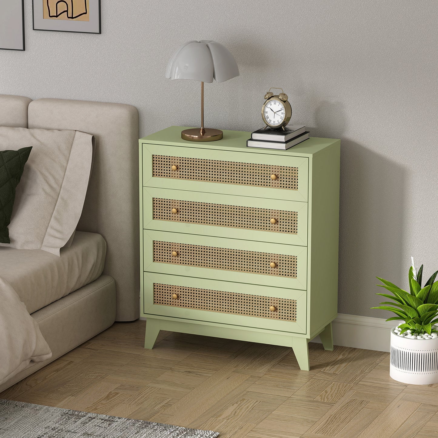 HOMCOM Rattan Chest of Drawers, 4 Drawer Storage Unit with Tapered Legs, Bedroom Storage Organiser Dresser for Bedside, Entryway, Hallway, Living Room, Light Green