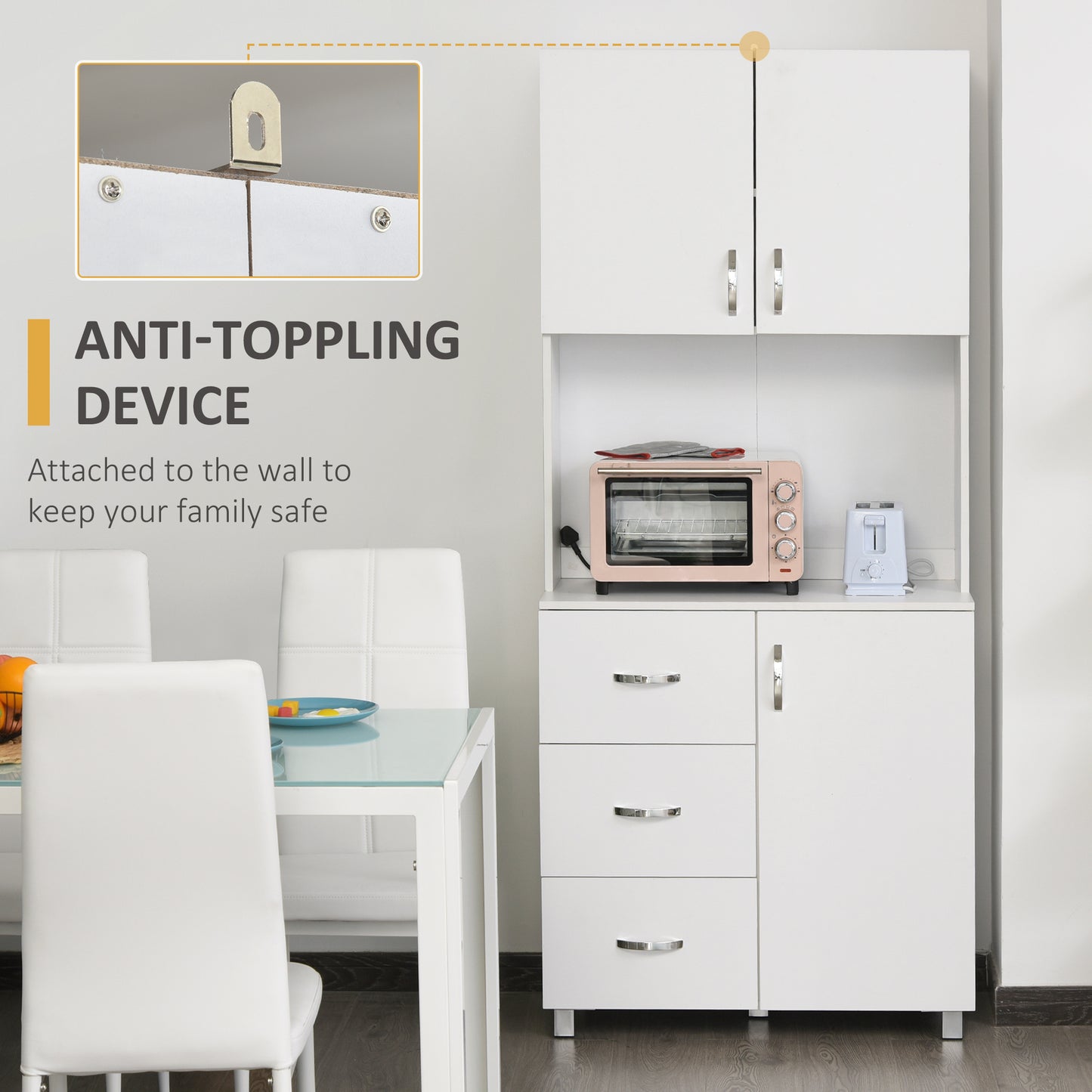 HOMCOM 183.5cm Free standing Kitchen Cupboard, Storage Cabinet with Doors and Sheleves, 3 drawers and Open Space, Adjustable Height Storage Unit, White