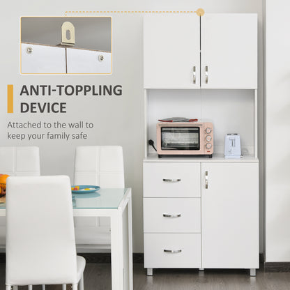HOMCOM 183.5cm Free standing Kitchen Cupboard, Storage Cabinet with Doors and Sheleves, 3 drawers and Open Space, Adjustable Height Storage Unit, White