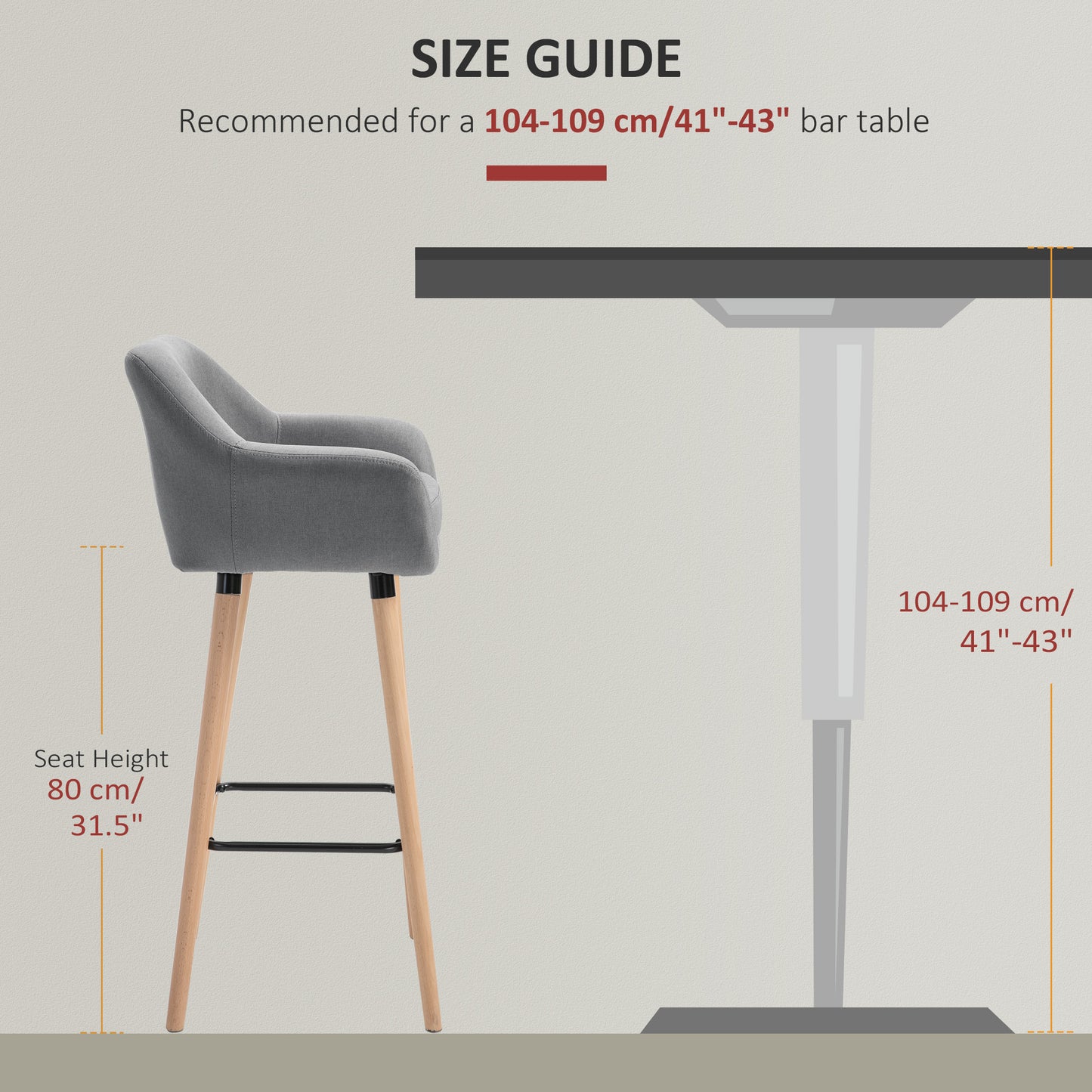 HOMCOM Set of 2 Bar Stools Modern Upholstered Seat Bar Chairs w/ Metal Frame, Solid Wood Legs Living Room Dining Room Fabric Furniture - Grey