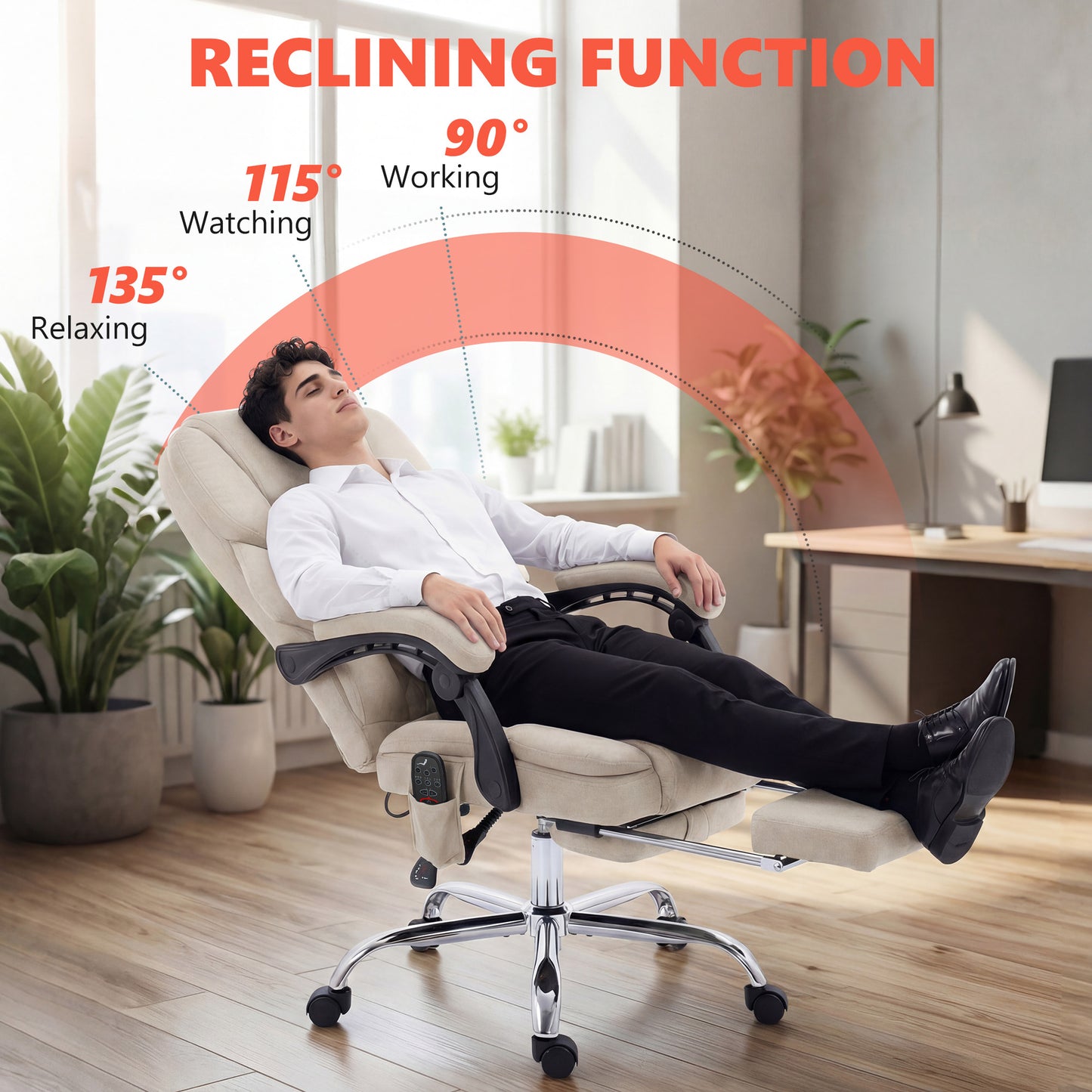 HOMCOM Office Chair with 6-point Vibration Massage and Heat, Fabric Desk Chair with Footrest, High Back, Cream White-Office Chairs-ChewyGames-ChewyGames
