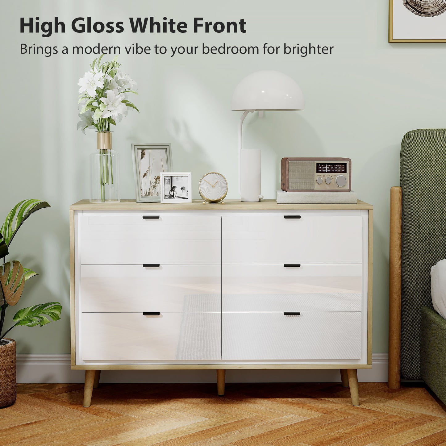 HOMCOM Storage Cabinet, Chest of Drawers with 6  Drawers and 5 Legs for Bedroom,  High Gloss White