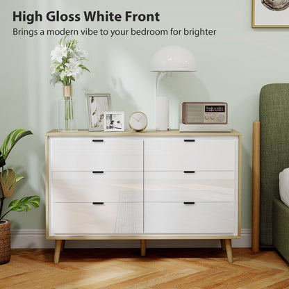 HOMCOM Storage Cabinet, Chest of Drawers with 6  Drawers and 5 Legs for Bedroom,  High Gloss White