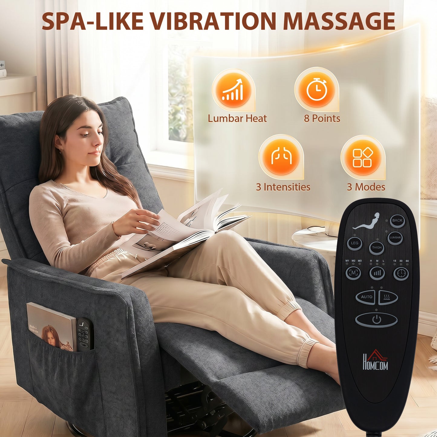 HOMCOM Recliner Armchair, Chenille Recliner Chair with Massage and Heat, 360° Swivel Rocking Manual Recliner, Dark Grey