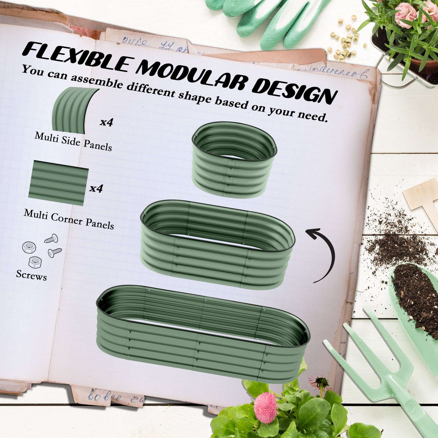 Outsunny Galvanised Raised Garden Bed, Metal Planter Box with Safety Edging, for Flowers, Herbs, Succulents, Pack of 2, Green