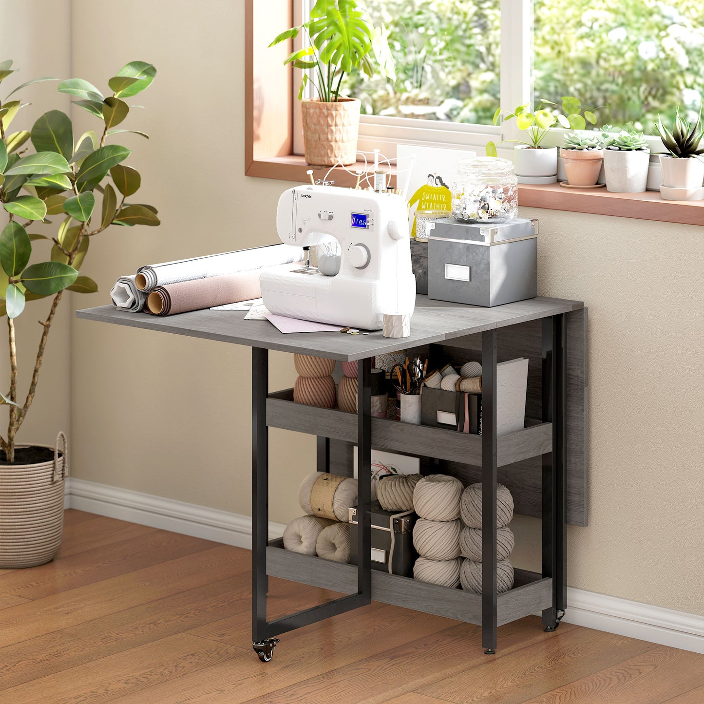HOMCOM Four-Person Drop Leaf Table - Grey Wood-Effect