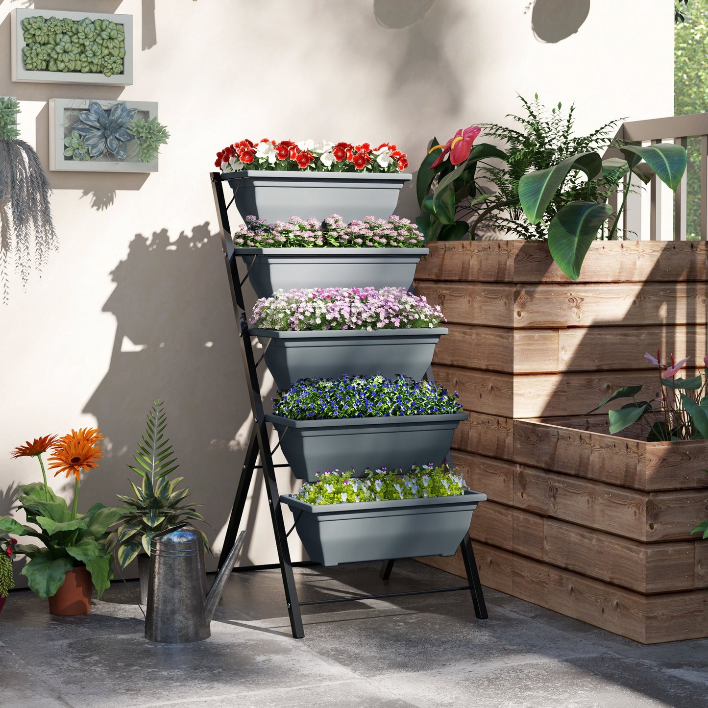 Outsunny 5-Tier Raised Garden Bed, Vertical Ladder Plant Stand with 5 Removable Boxes, Drainage Holes and Plugs, Indoor Outdoor Elevated Flower Herb Growing Box for Garden Patio Balcony, Grey