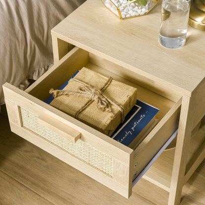 HOMCOM Bedside Table Set of 2 with Rattan Drawer, Rustic Side Tables with Storage Shelf for Bedroom, Living Room, Natural