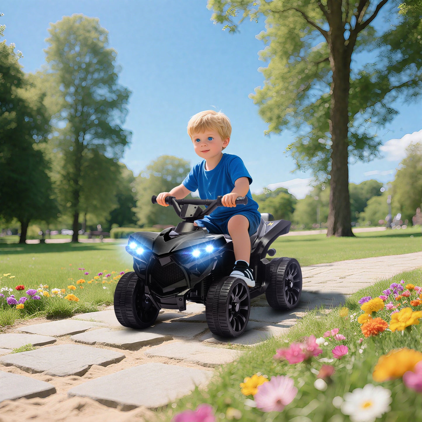 AIYAPLAY 6V Kids ATV, 4 Wheeler Electric Ride on Car with Music and LED Headlights, for Ages 3-6 Years Boys and Girls, Black