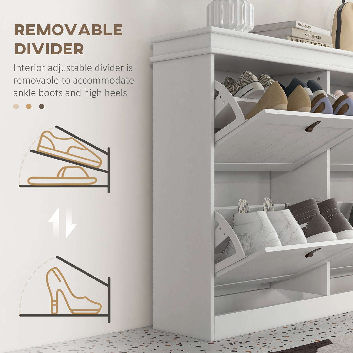 HOMCOM Slim Shoe Cabinet, Shoe Cabinet with 4 Drop-Down Drawers, 105W x 24D x 82.5H cm,  White