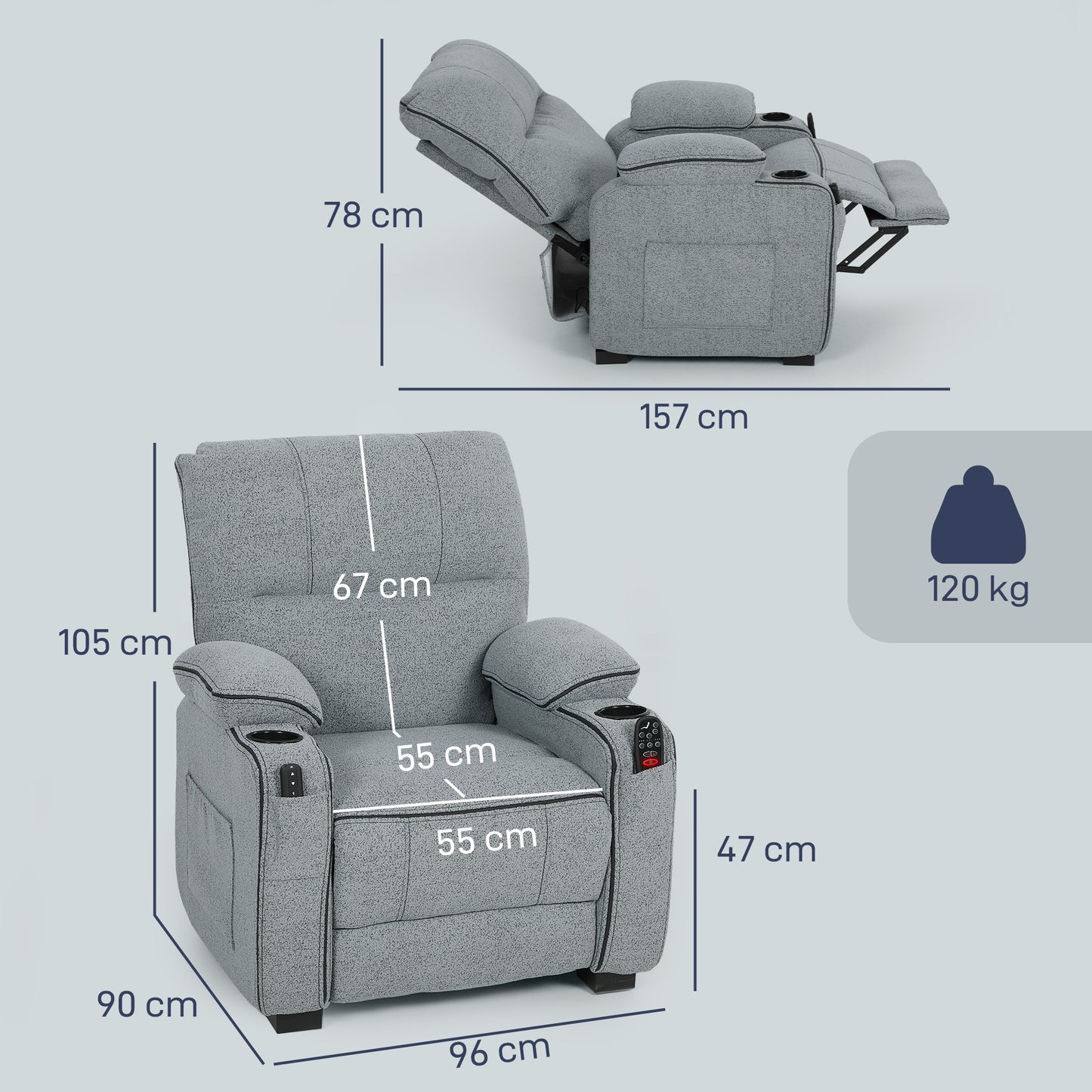 HOMCOM Electric Massage Recliner Armchair with Vibration, Heat, Whisper-Quiet Motor, Memory Function, Velvet Power Reclining Chair with Spring Pack, USB Port, Footrest, Side Pockets, Cup Holders, Grey