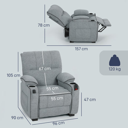 HOMCOM Electric Massage Recliner Armchair with Vibration, Heat, Whisper-Quiet Motor, Memory Function, Velvet Power Reclining Chair with Spring Pack, USB Port, Footrest, Side Pockets, Cup Holders, Grey