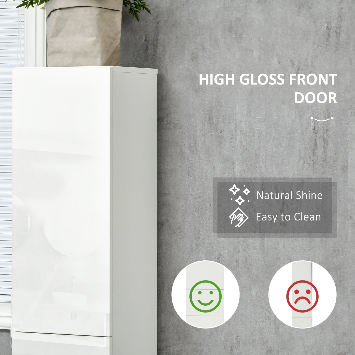 kleankin Luxury Tall Bathroom Cabinet with High Gloss Panel, Sleek White Bathroom Cabinet with Push-to-Open Door, White