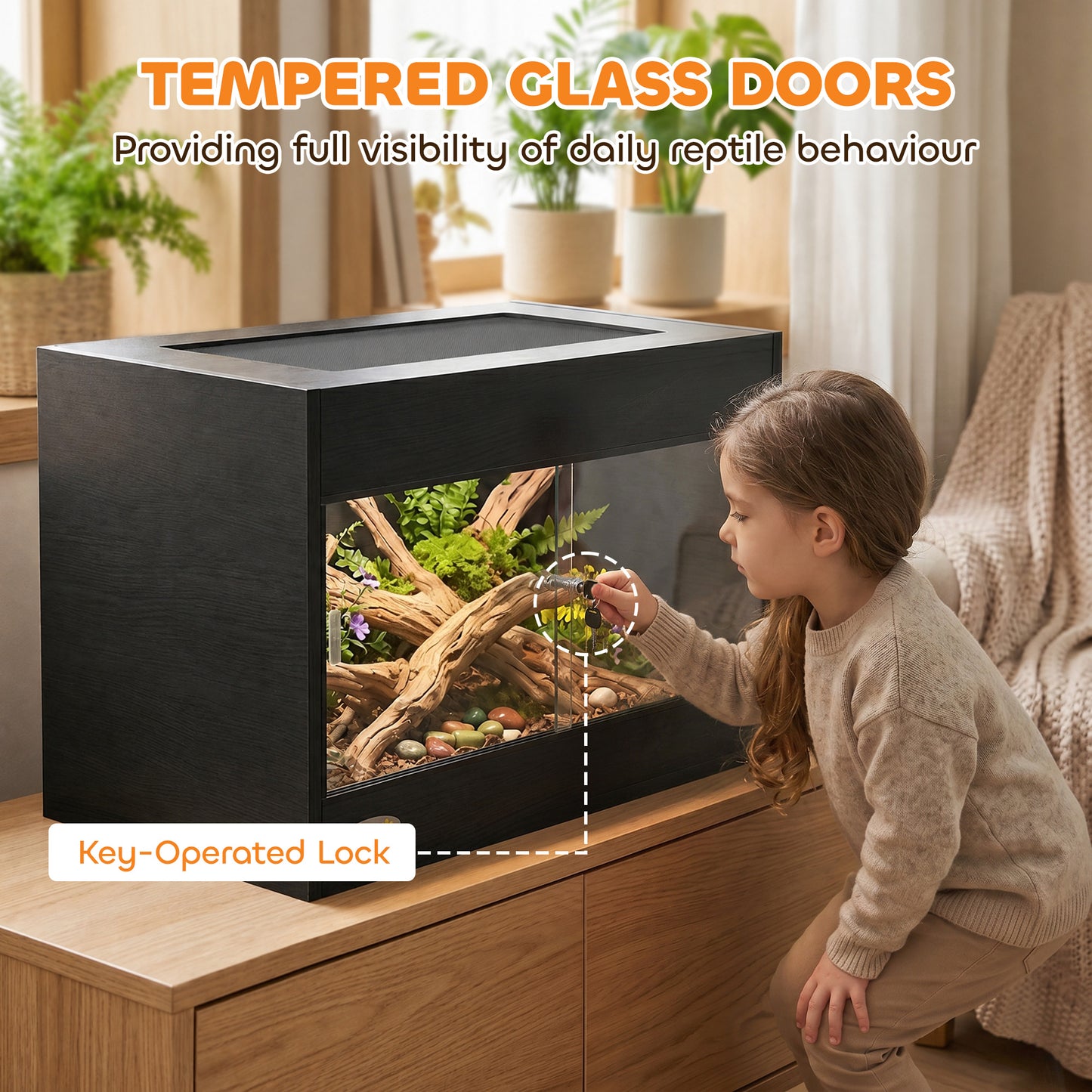 PawHut Reptile Terrarium, Reptile Vivarium with  Glass Doors, Secure Lock, Top Ventilation for Snake, Gecko, 60x45x45cm, Black