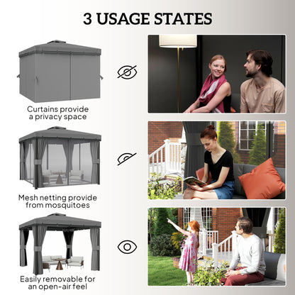 Outsunny 3 x 3(m) Patio Gazebo Canopy Garden Pavilion Tent Shelter Marquee with 2 Tier Roof, Netting and Curtains, Light Grey