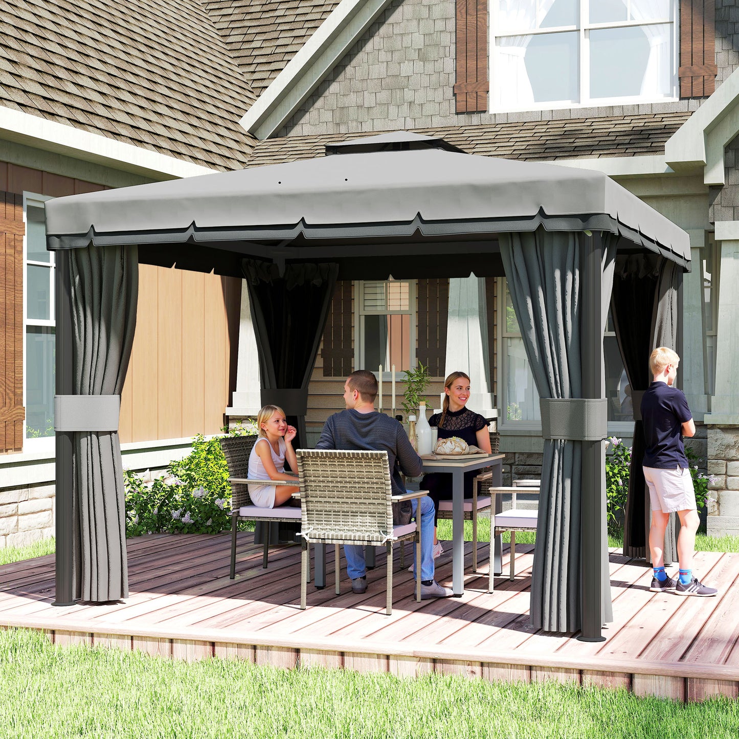Outsunny 3 x 3(m) Patio Gazebo Canopy Garden Pavilion Tent Shelter Marquee with 2 Tier Roof, Netting and Curtains, Light Grey