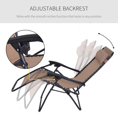 Outsunny Zero Gravity Chair Set of 2, Metal Frame Texteline Armchair Outdoor Folding and Reclining Sun Lounger with Head Pillow for Patio Decking Gardens Camping, Beige