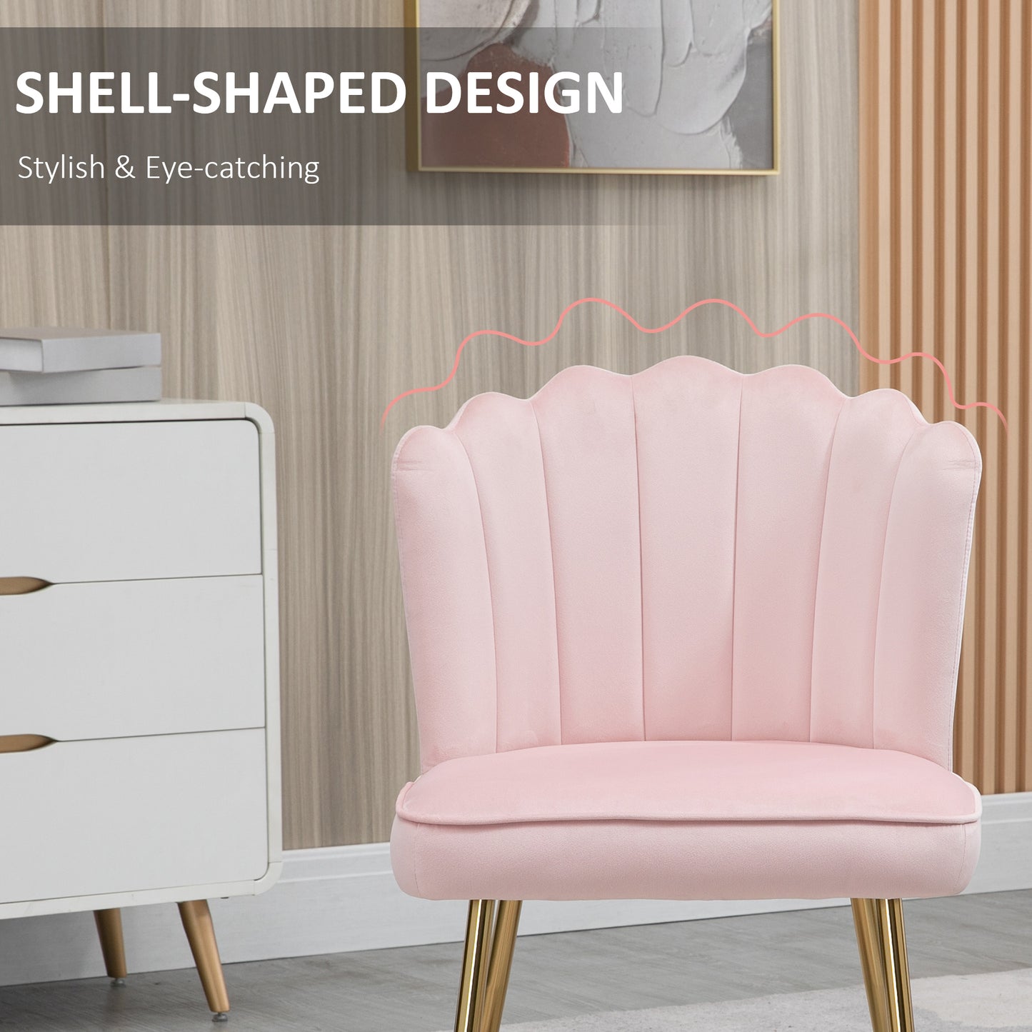 HOMCOM Velvet-Feel Shell Accent Chair with Metal Legs and Comfort Padding - Pink