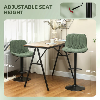 HOMCOM Breakfast Bar Stools Set of 2 Linen upholstery 60-80cm Adjustable Height - Green
