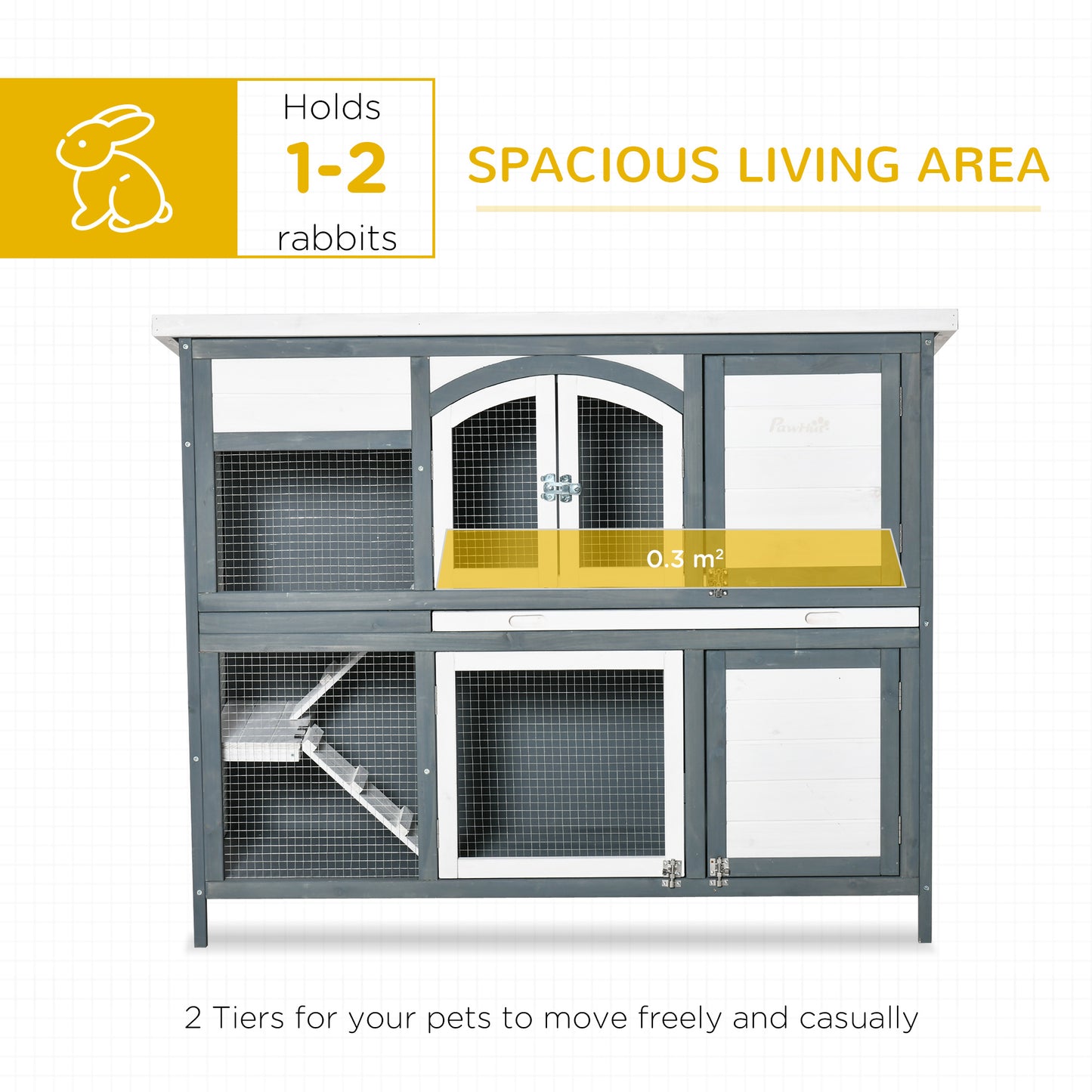 PawHut Rabbit Hutch Outdoor Guinea Pig Hutch 2 Tier Wooden Cage w/ Ramp, Divider, Openable Roof, 125 x 48 x 100cm - Grey