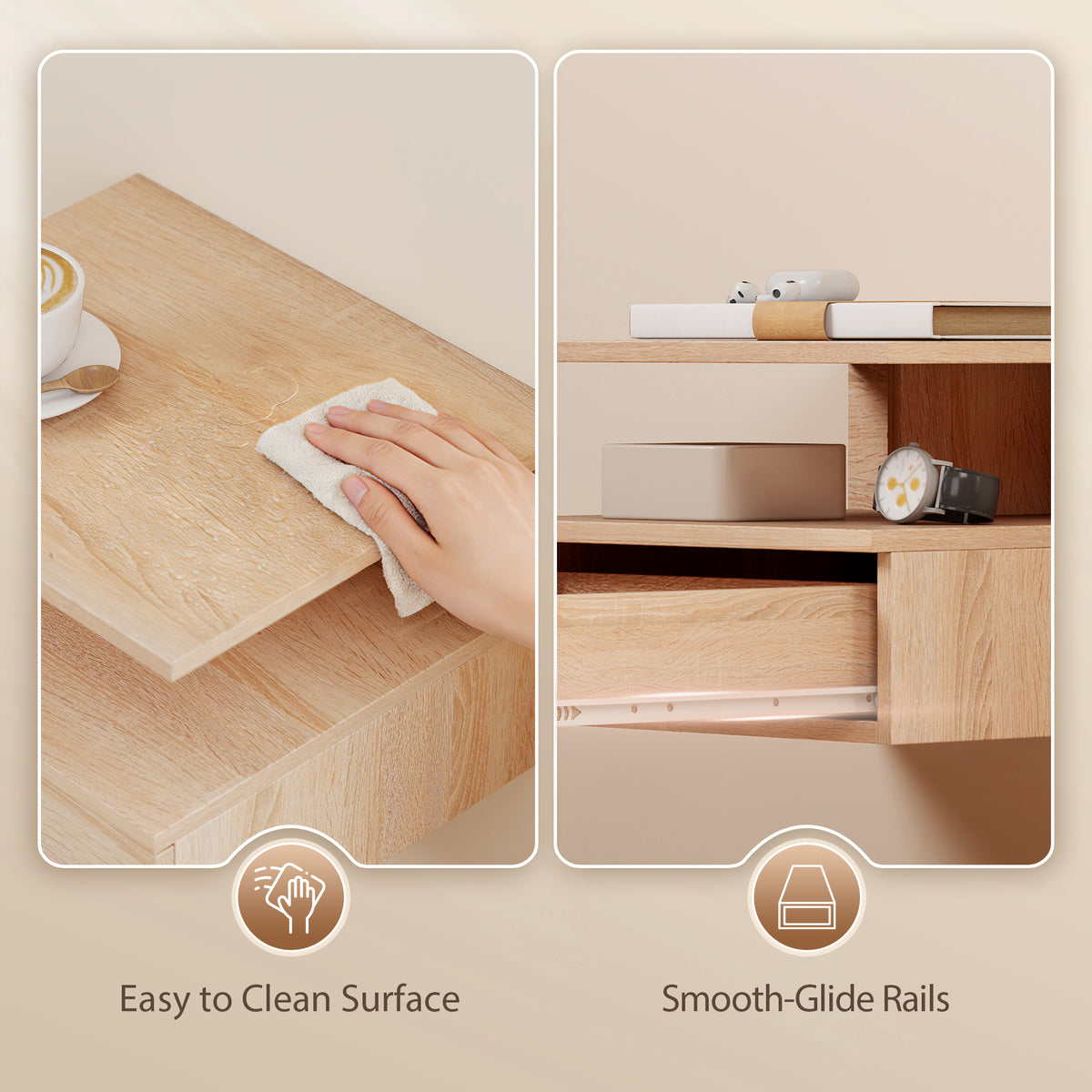 HOMCOM Set of Two Floating Bedside Tables - Oak Tone