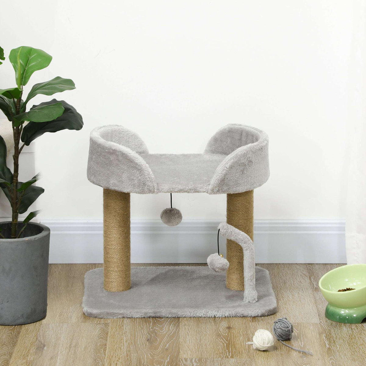 PawHut 42cm Indoor Cat Tree, with Toy Balls, Jute Scratching Post - Light Grey