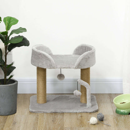 PawHut 42cm Indoor Cat Tree, with Toy Balls, Jute Scratching Post - Light Grey
