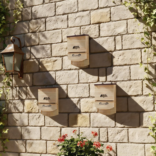PawHut Bat Boxes, Pack of 3 Wooden Bat Houses for Outdoor, Garden, Farm, Easy to Hang, 23 x 9.5 x 36.5 cm, Natural