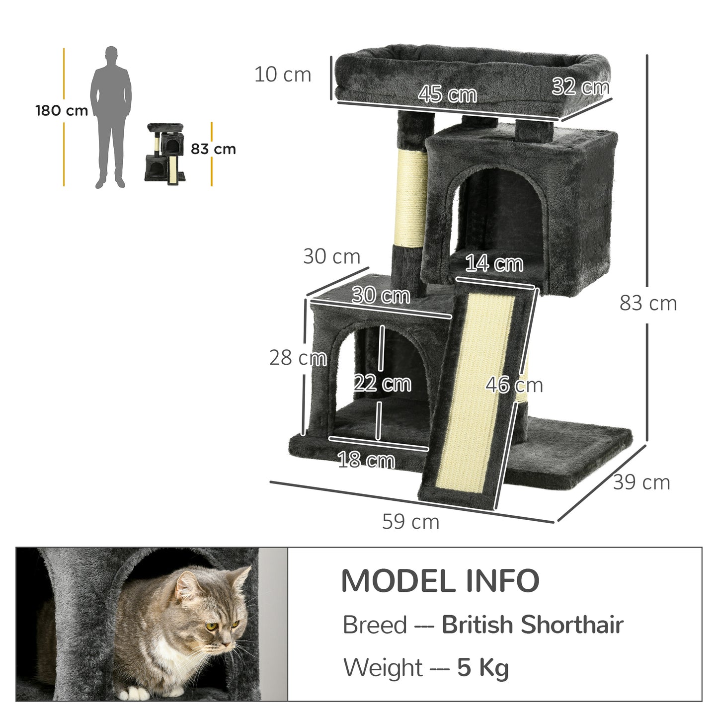 PawHut Cat Tree for Indoor Cats 81cm Cat Scratching Post Scratch Board Kitten Tower Climbing Frame, Black