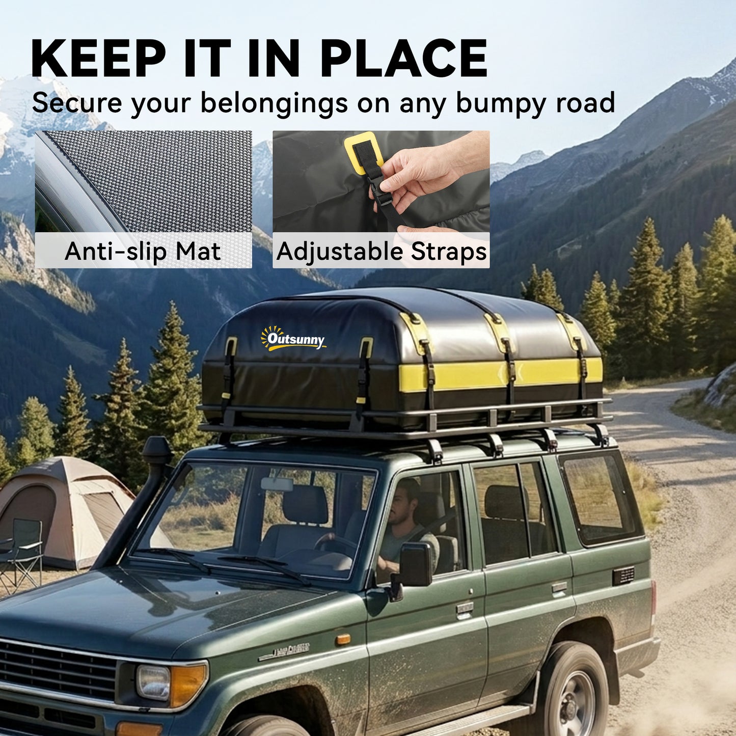Outsunny Car Roof Bag, 21 Cubic Feet Waterproof Soft Car Roof Box Roofing Cargo Carrier w/ Reflective Arrows, Door Hooks, Yellow