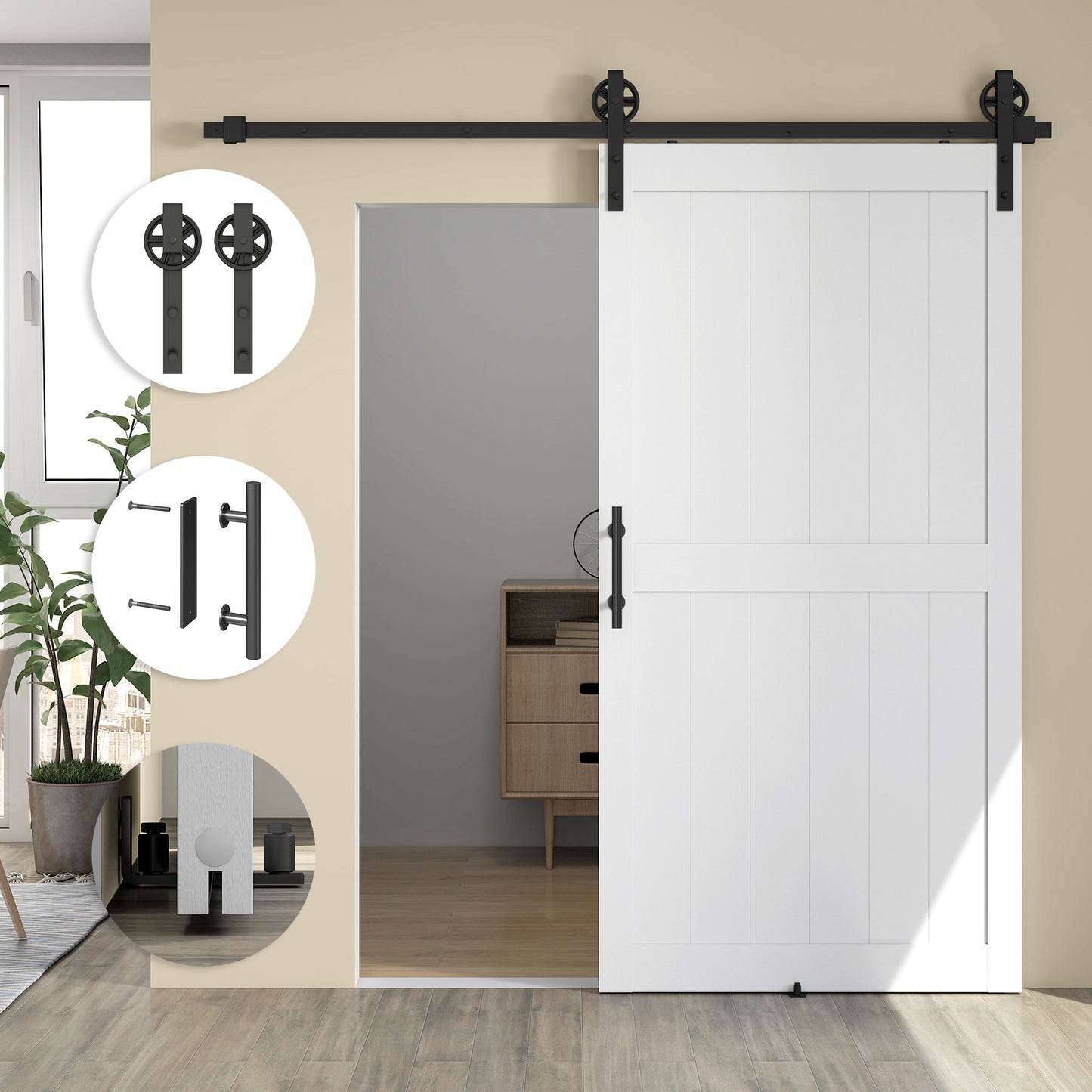 HOMCOM 213.4cm Sliding Barn Door Kit, Sliding Door with Track, Hardware, Upgraded Rollers and Floor Guide, Handle, White
