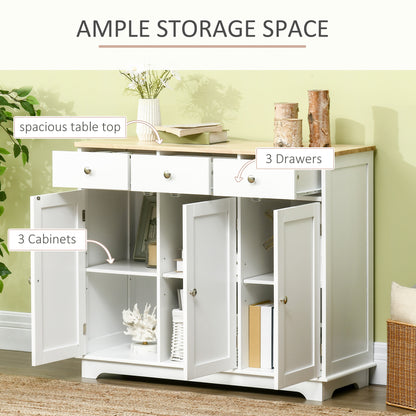 HOMCOM Sideboard with Rubber Wood Top, Modern Storage Cabinet with 3 Adjustable Shelves, White