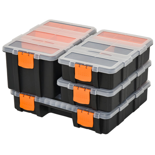 DURHAND Set Of 4 Plastic DIY Tool Storage Boxes w/ Inside Dividers Locking Lids Home Garage Organisation Stacking Arts Crafts Bolts Black Orange-Tool Boxes-ChewyGames-DURHAND