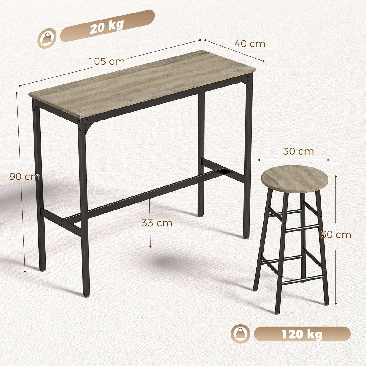 HOMCOM 5 Piece Bar Table Set with 4 Stools, Industrial Bar Table and Stool Set, Dining Table and Chair Set, Grey