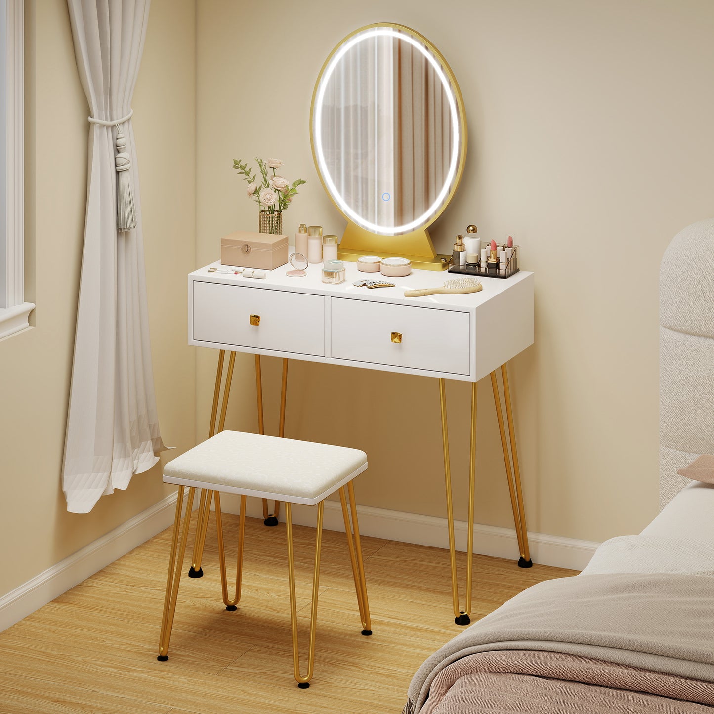 HOMCOM Dressing Table with LED Mirror and Cushioned Stool, Vanity Desk with Acrylic Lipstick Holder and 2 Drawers, Makeup Table for Bedroom, White