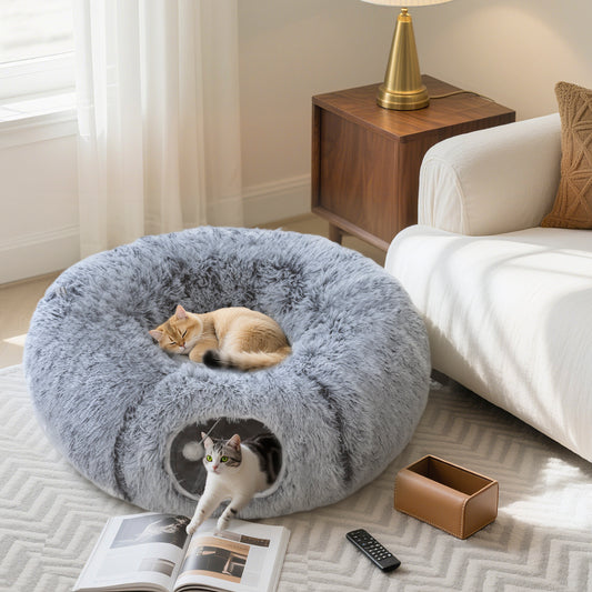 PawHut 2-in-1 Donut Cat Tunnel with Washable Bed, Play Tunnel Bed with Toy Ball and Door Hole for Indoor Cats, Light Grey--ChewyGames-ChewyGames