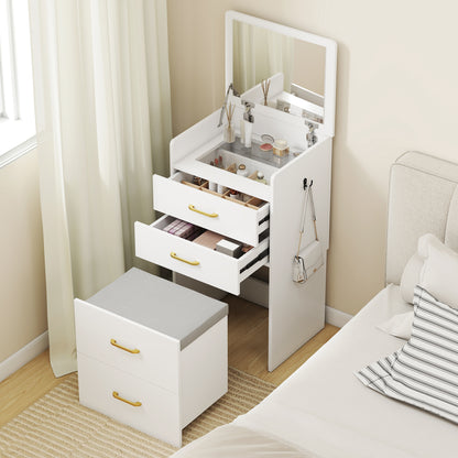 HOMCOM Compact Dressing Table and Stool Set, with Storage - White