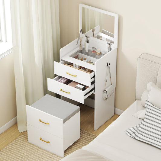HOMCOM Compact Dressing Table and Stool Set, with Storage - White