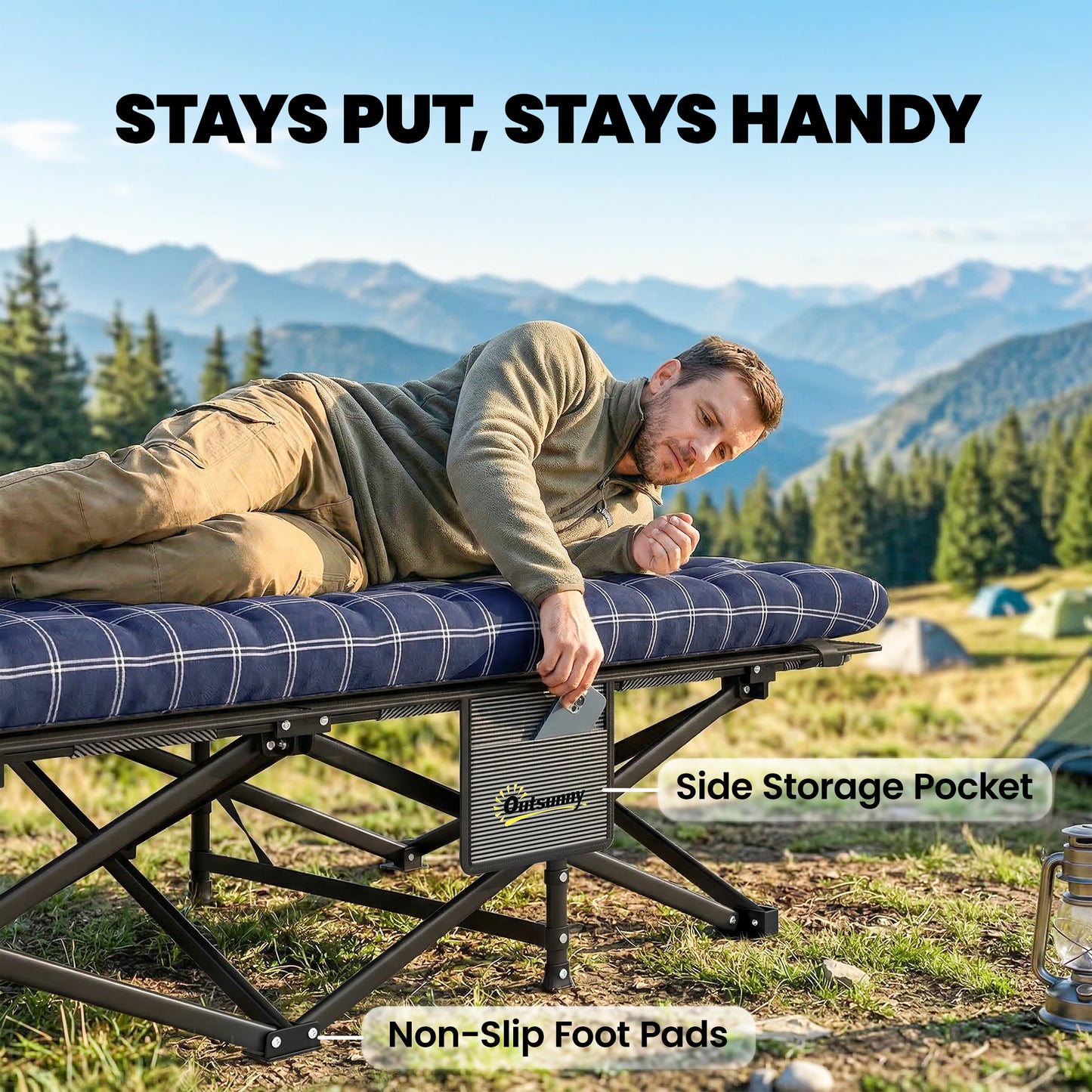 Outsunny Camping Cot with Soft Pad, 80cm Extra Wide Folding Cots with Side Pocket and Carry Bag, Blue