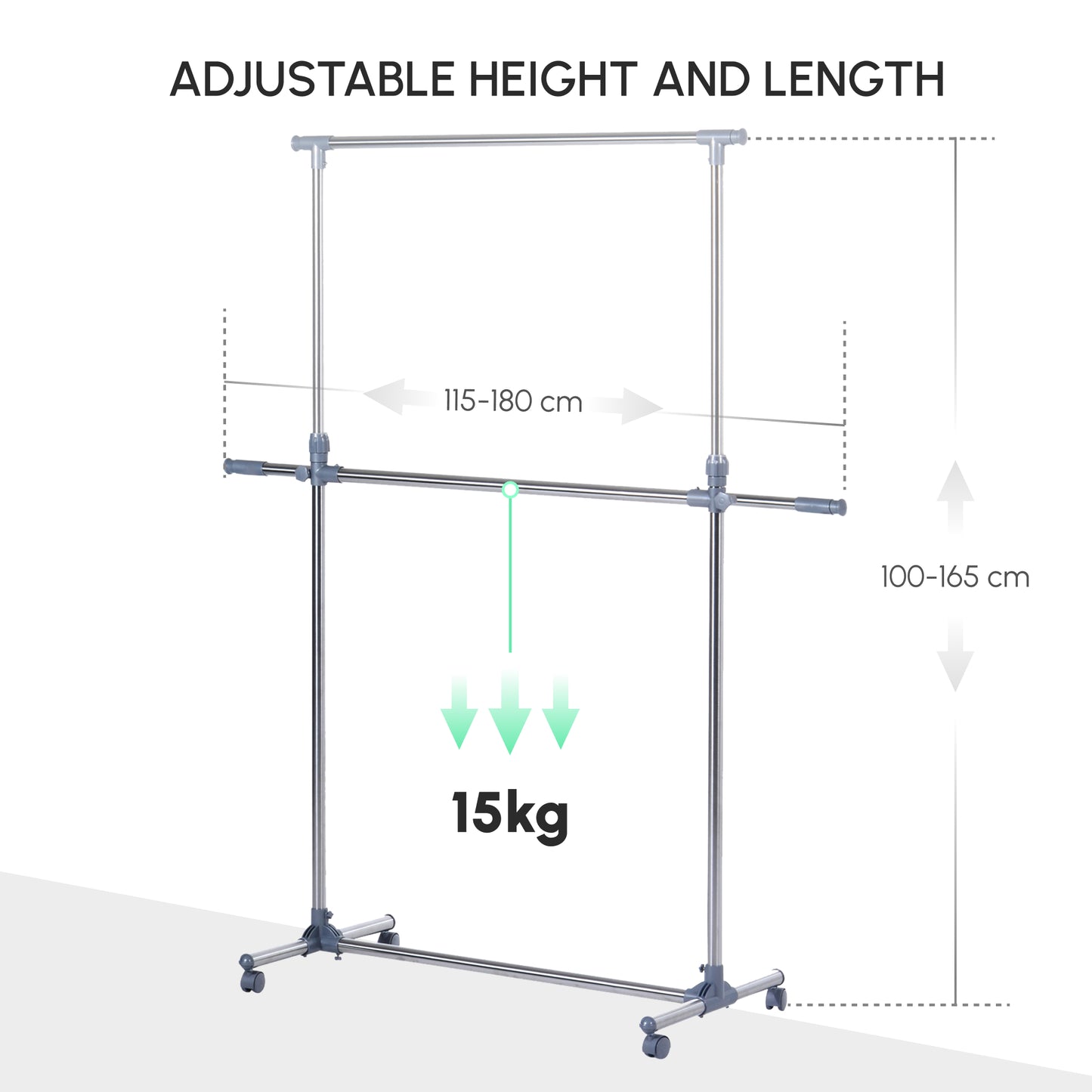 HOMCOM Heavy Duty Clothes Hanger Garment Rail Hanging Display Stand Rack w/ Wheels Adjustable