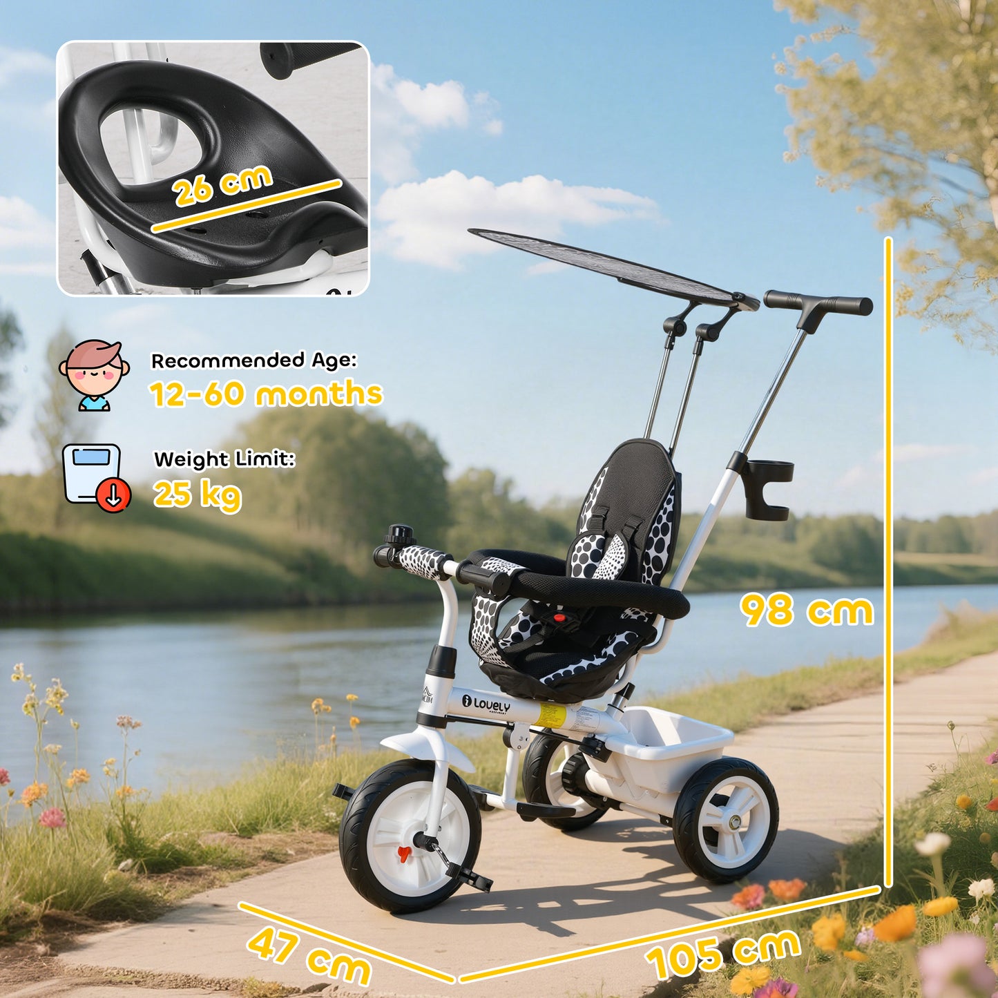 HOMCOM 6 in 1 Tricycle for Kids with 5-point harness straps, Removable Canopy, White