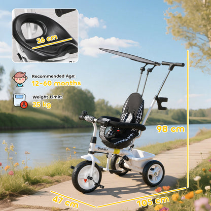 HOMCOM 6 in 1 Tricycle for Kids with 5-point harness straps, Removable Canopy, White